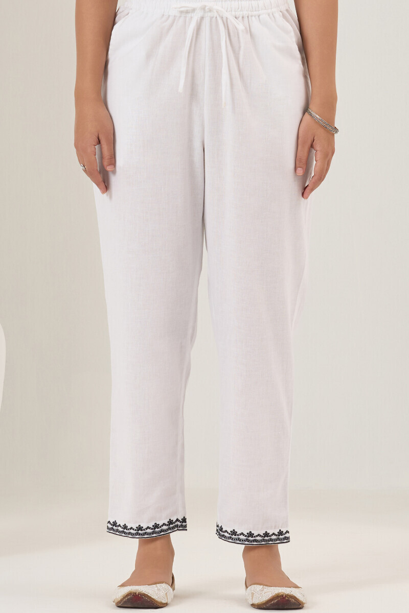 White Handcrafted Cotton Flax Narrow Pants