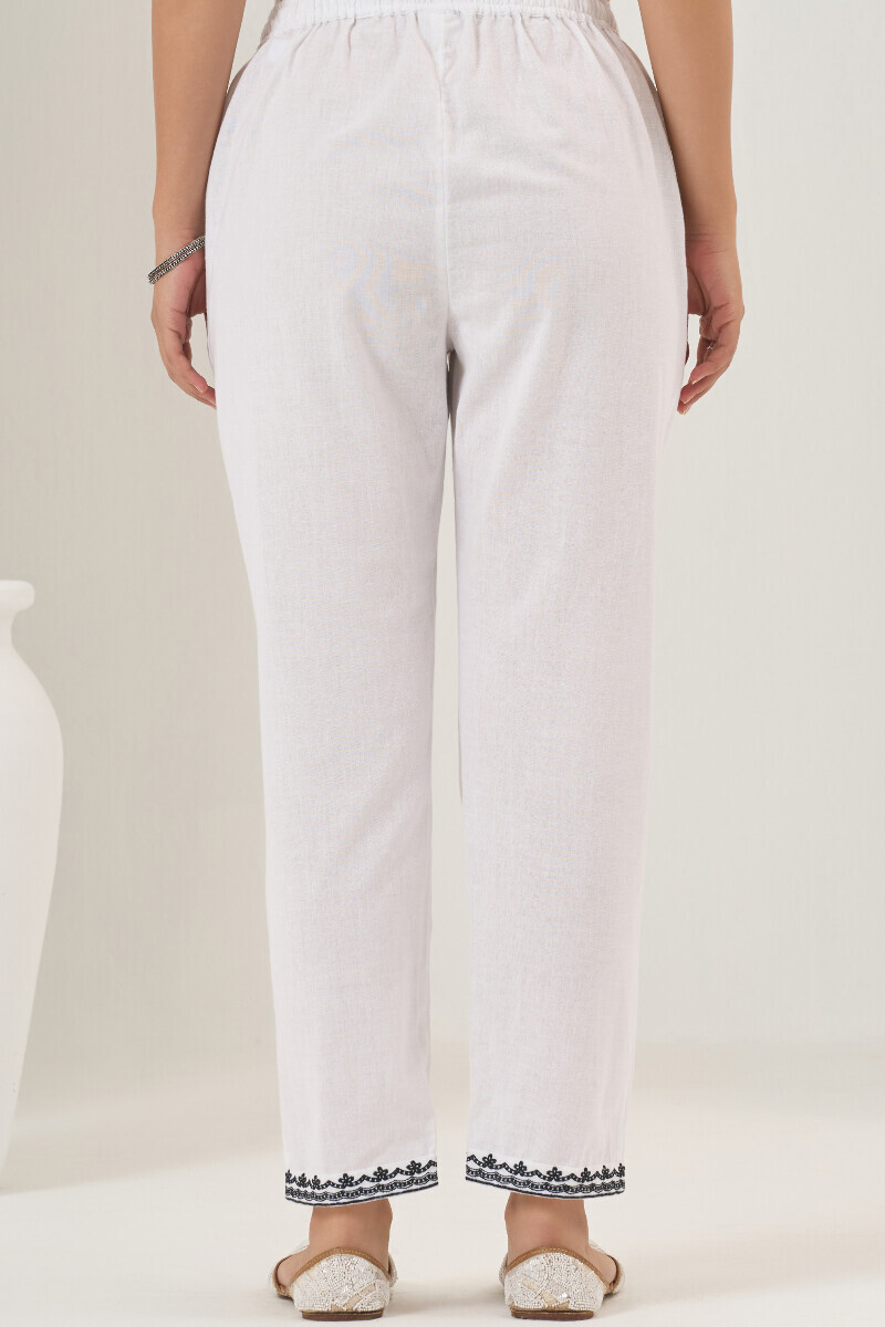 White Handcrafted Cotton Flax Narrow Pants