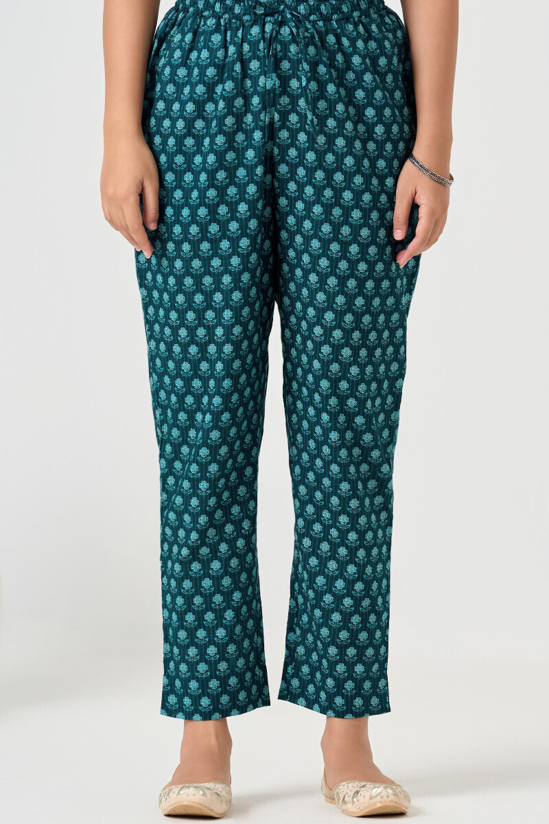 Blue Printed Cotton Narrow Pants