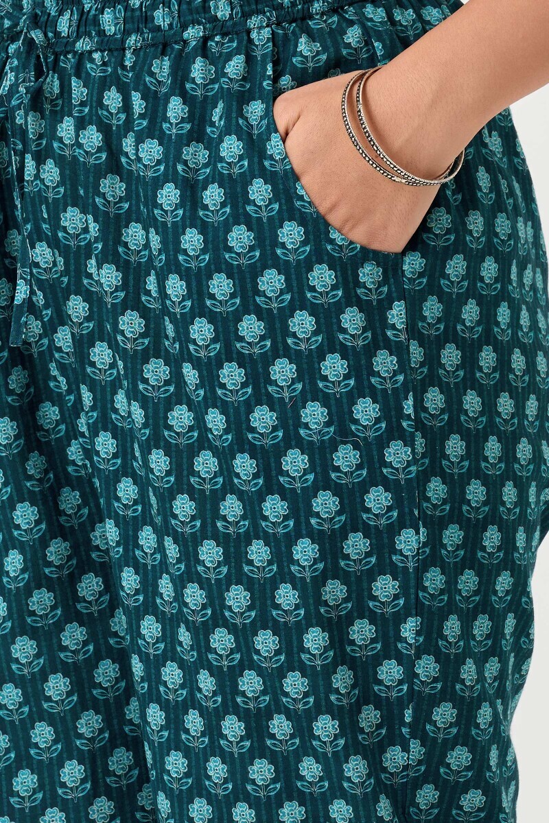 Blue Printed Cotton Narrow Pants