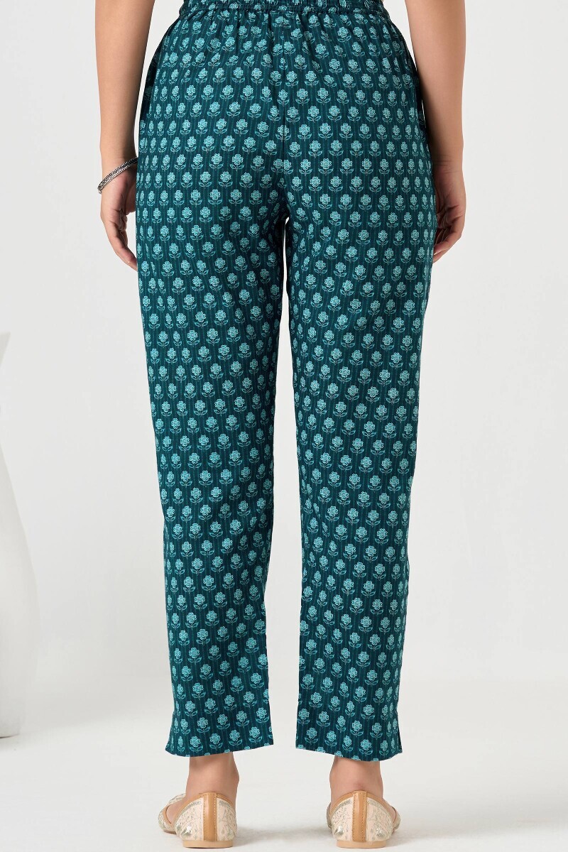Blue Printed Cotton Narrow Pants