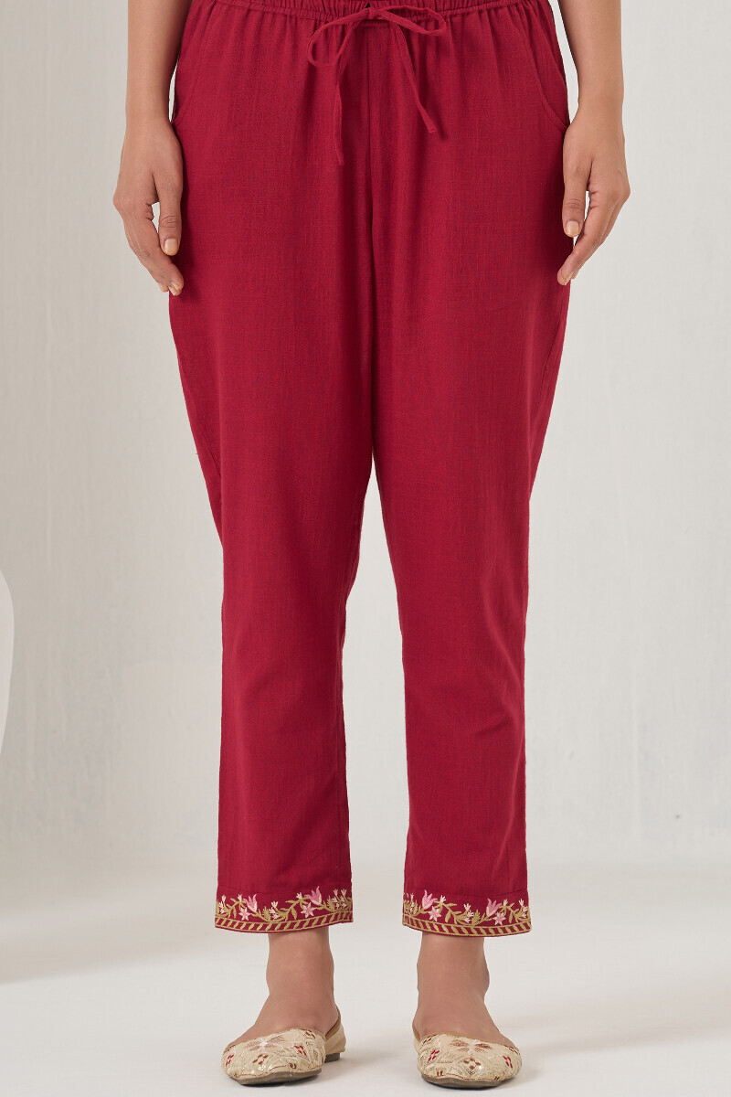 Maroon Handcrafted Gauze Slub Narrow Pants