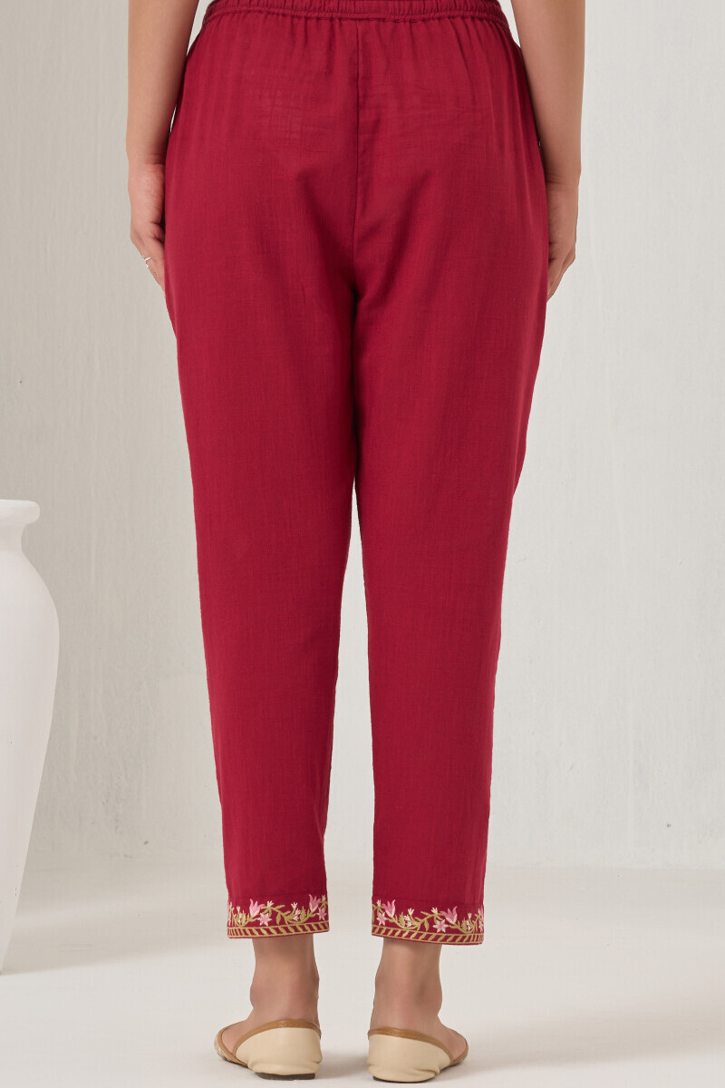 Maroon Handcrafted Gauze Slub Narrow Pants