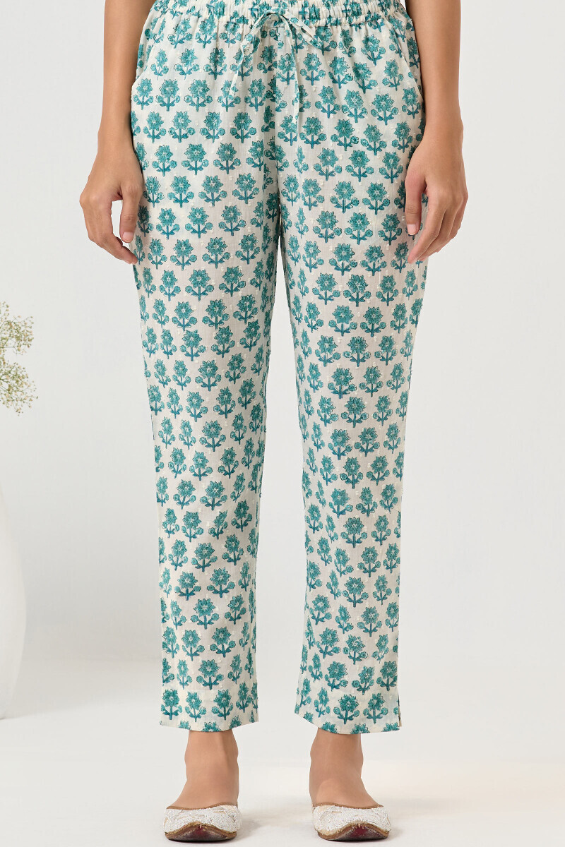 White Hand Block Printed Ram Buta Narrow Pants