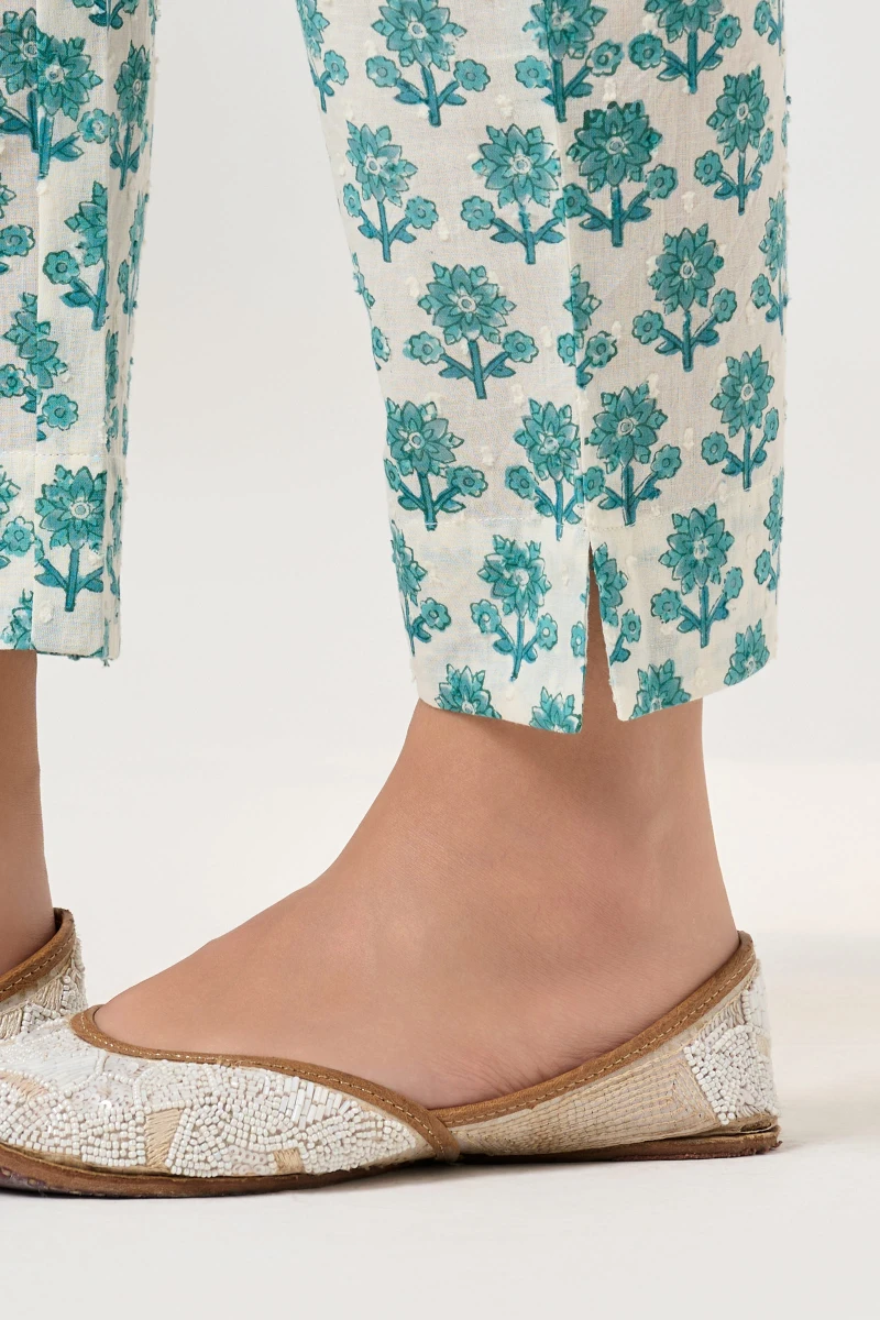 White Hand Block Printed Ram Buta Narrow Pants