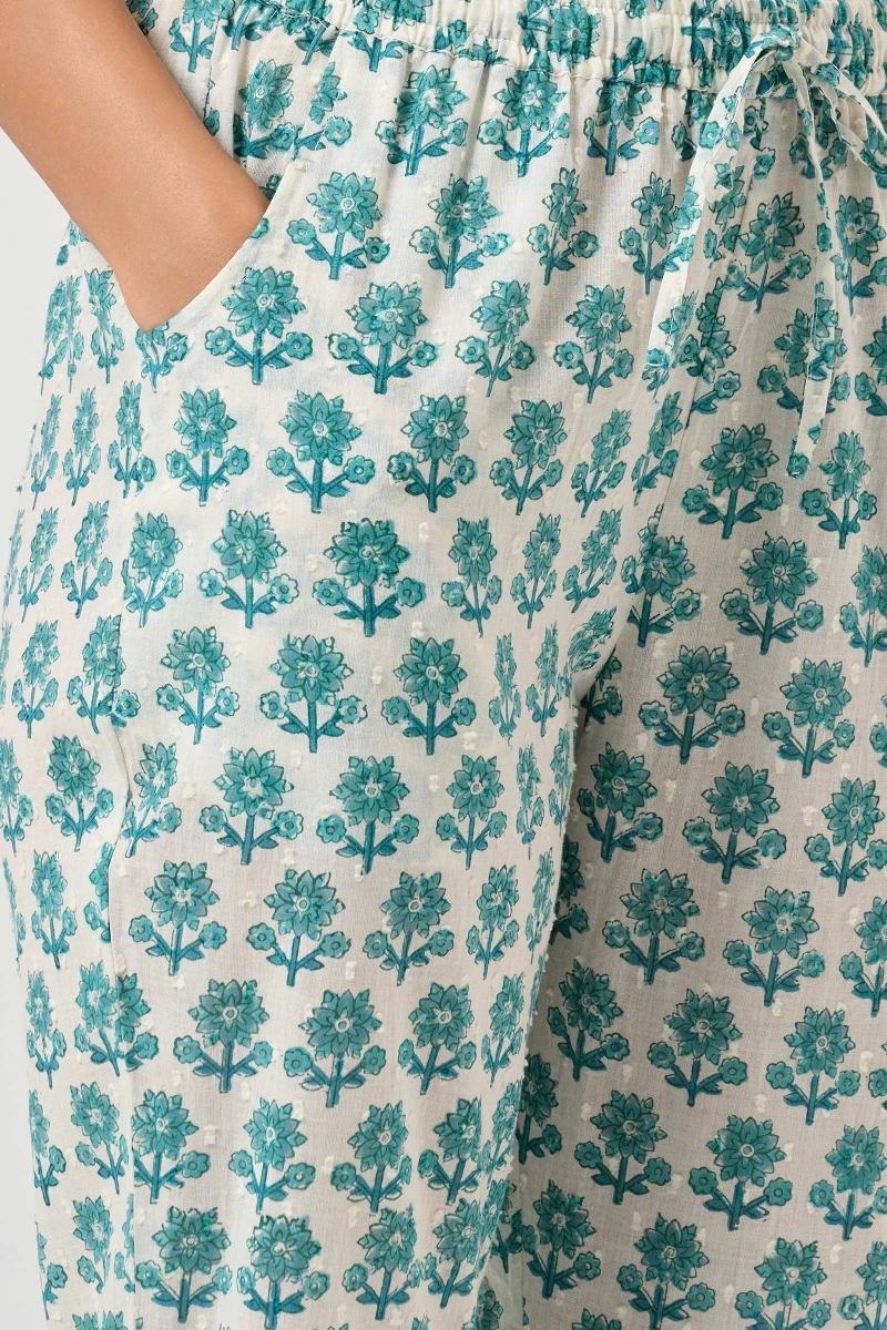 White Hand Block Printed Ram Buta Narrow Pants