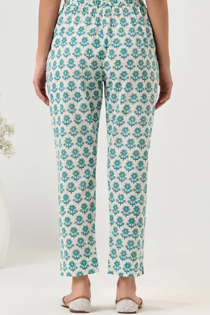 White Hand Block Printed Ram Buta Narrow Pants