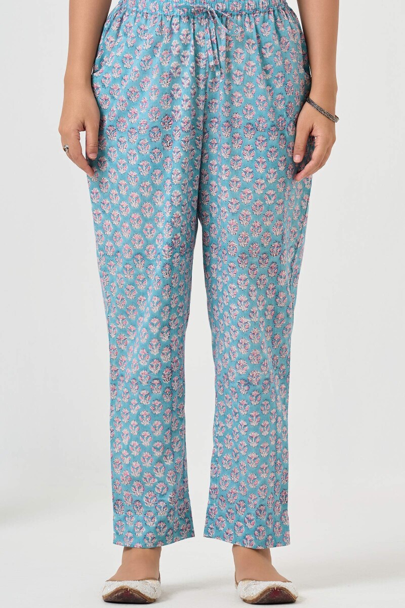 Blue Hand Block Printed Cotton Narrow Pants