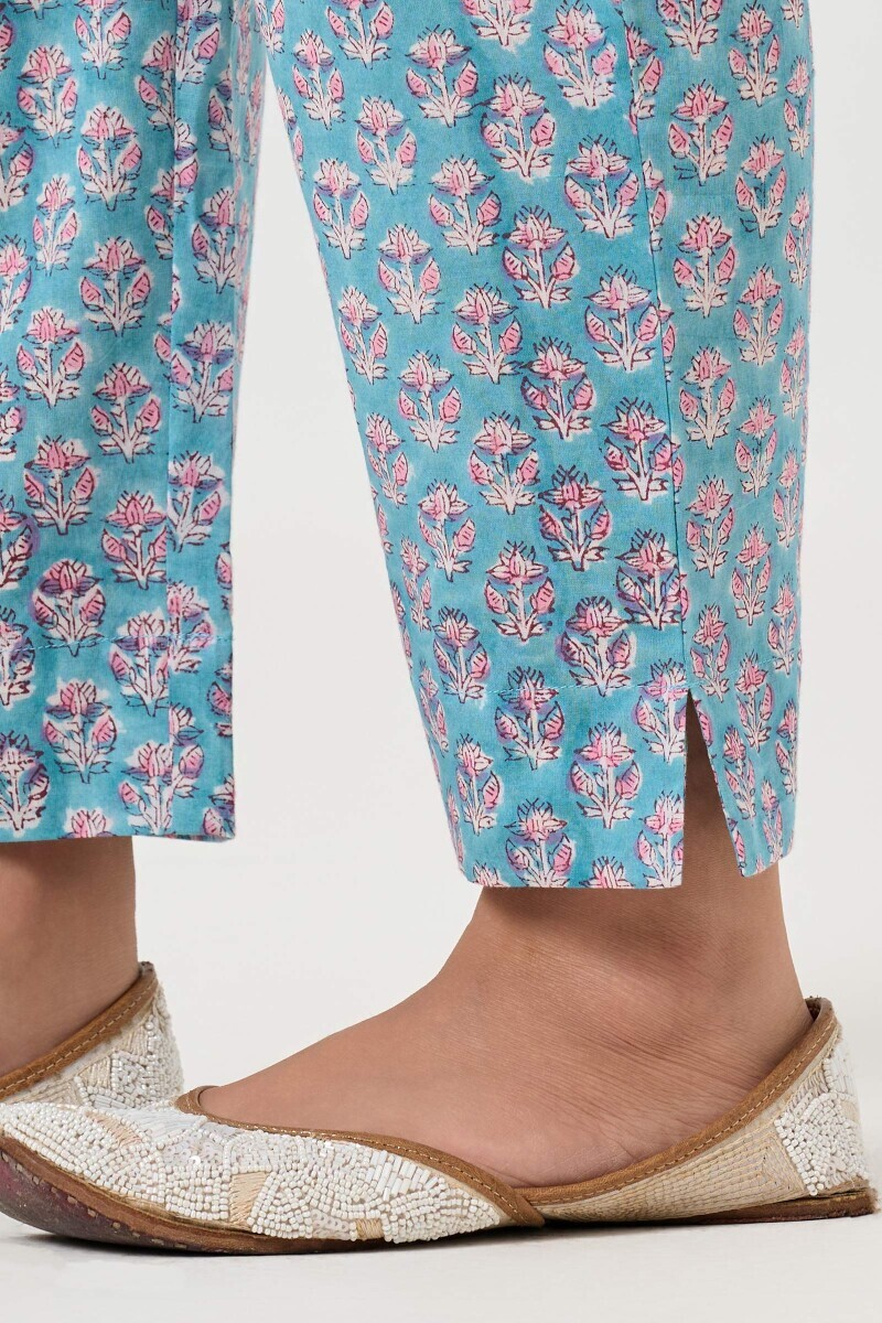 Blue Hand Block Printed Cotton Narrow Pants