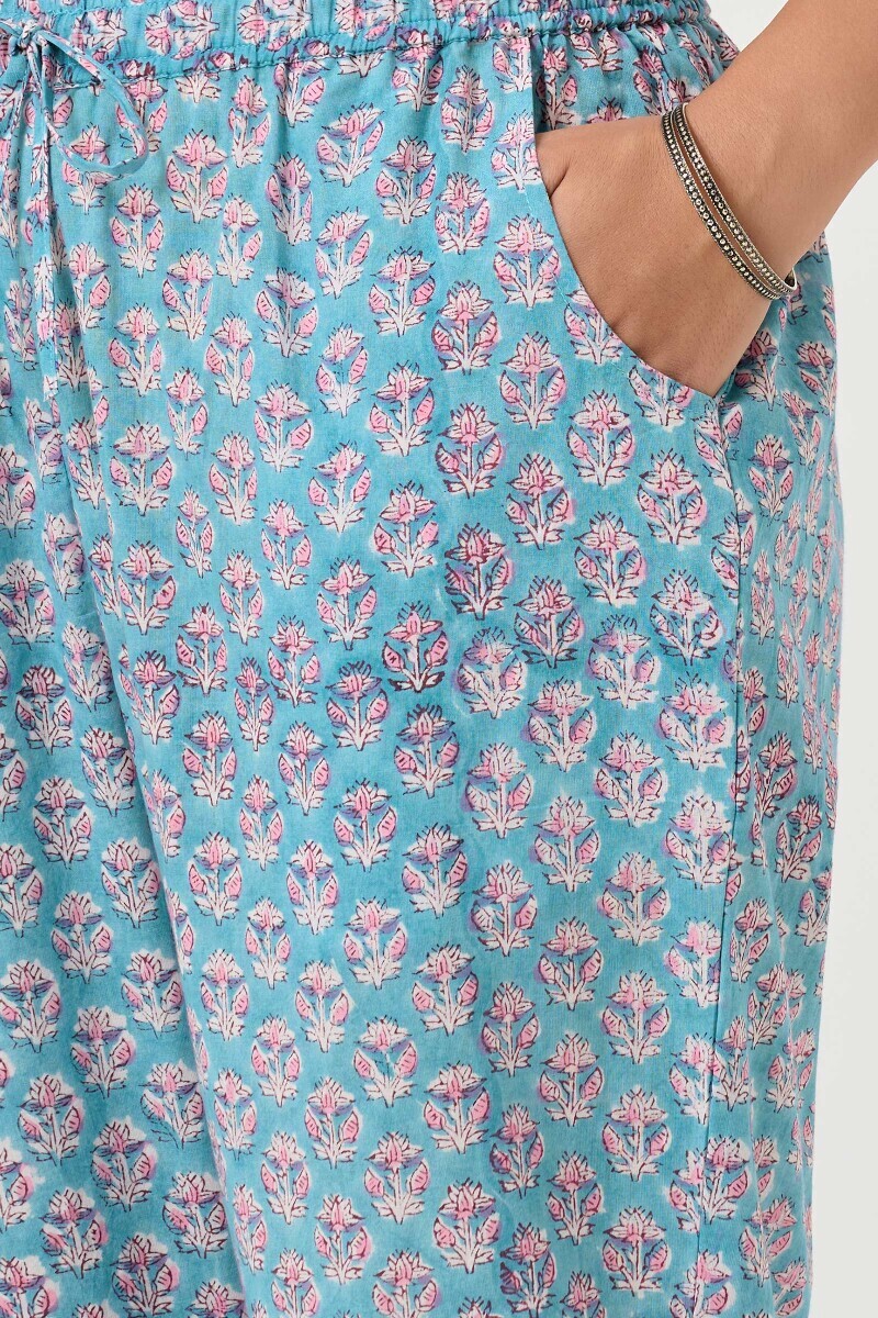 Blue Hand Block Printed Cotton Narrow Pants