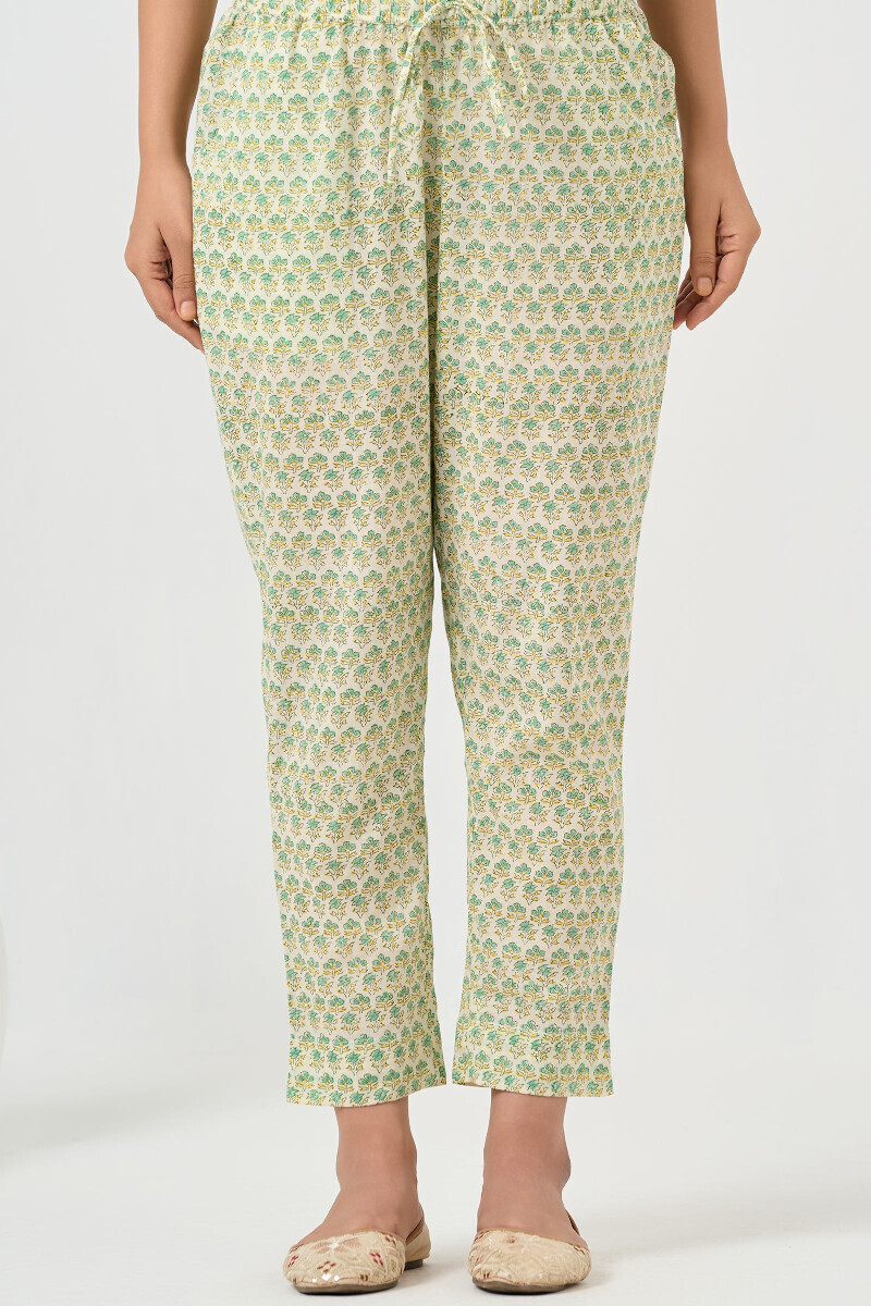 White Hand Block Printed Cotton Narrow Pants