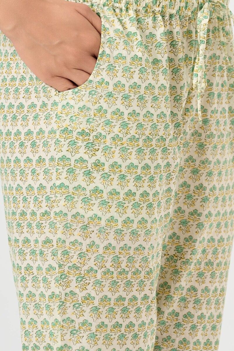 White Hand Block Printed Cotton Narrow Pants