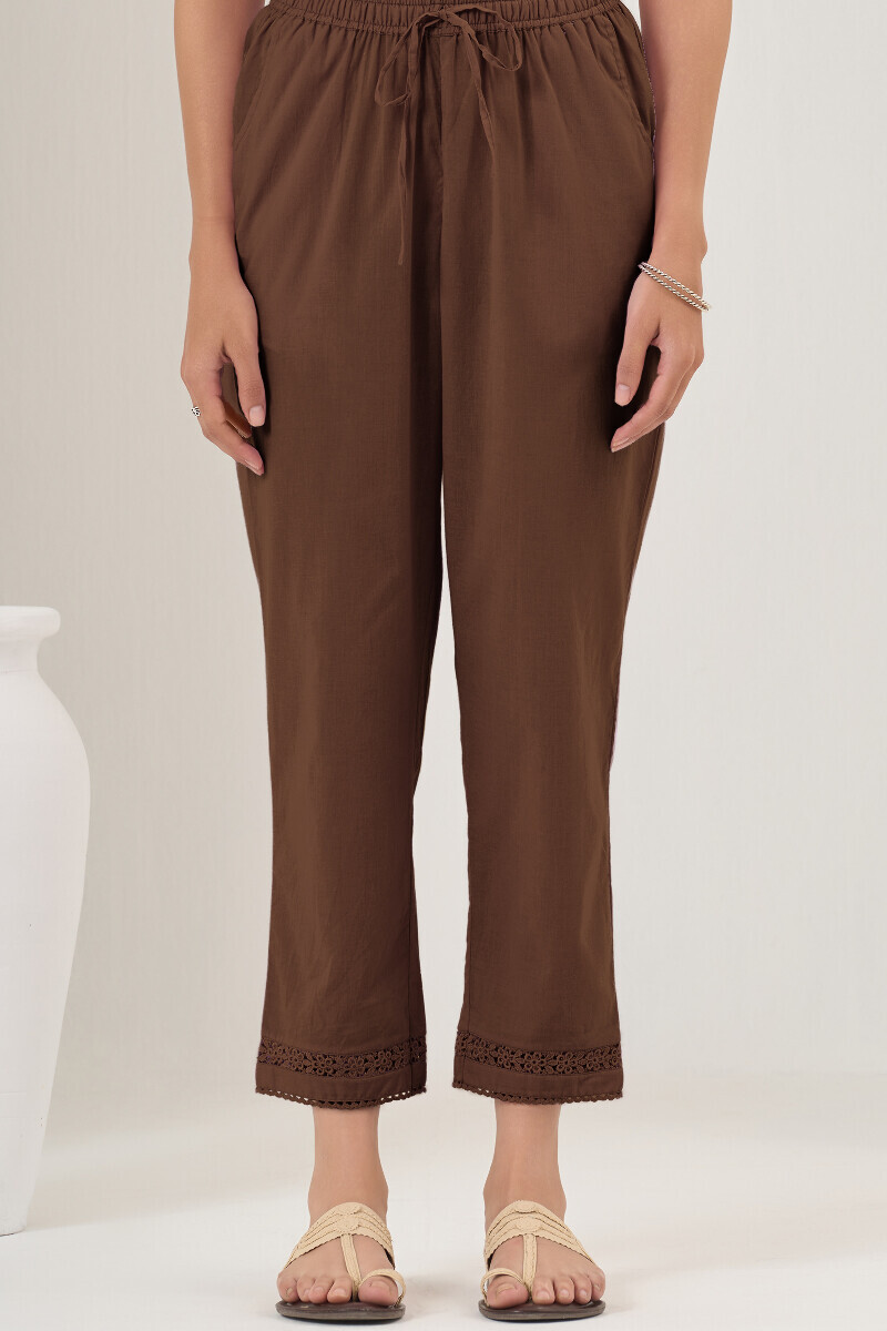 Brown Handcrafted Cotton Narrow Pants