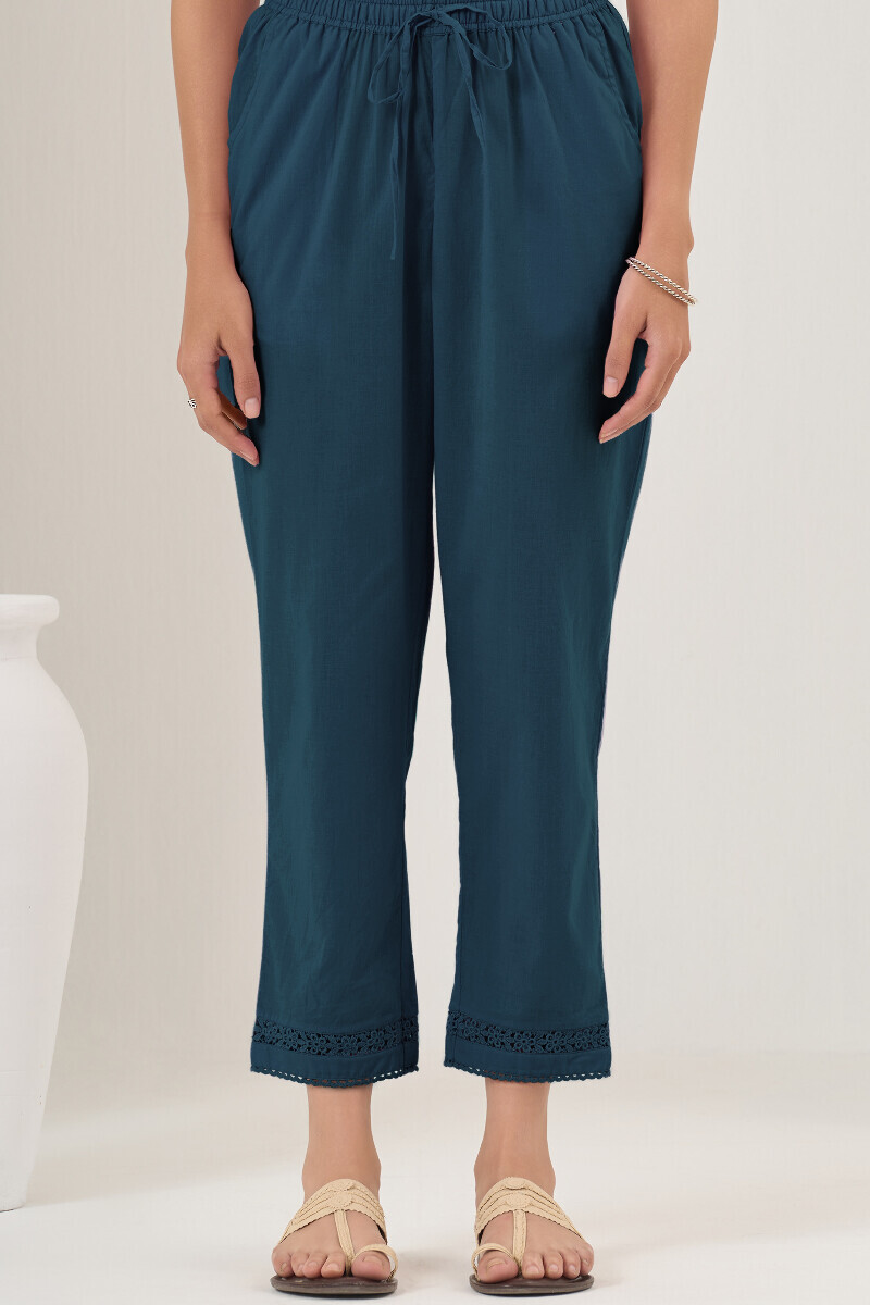 Navy Blue Handcrafted Cotton Narrow Pants