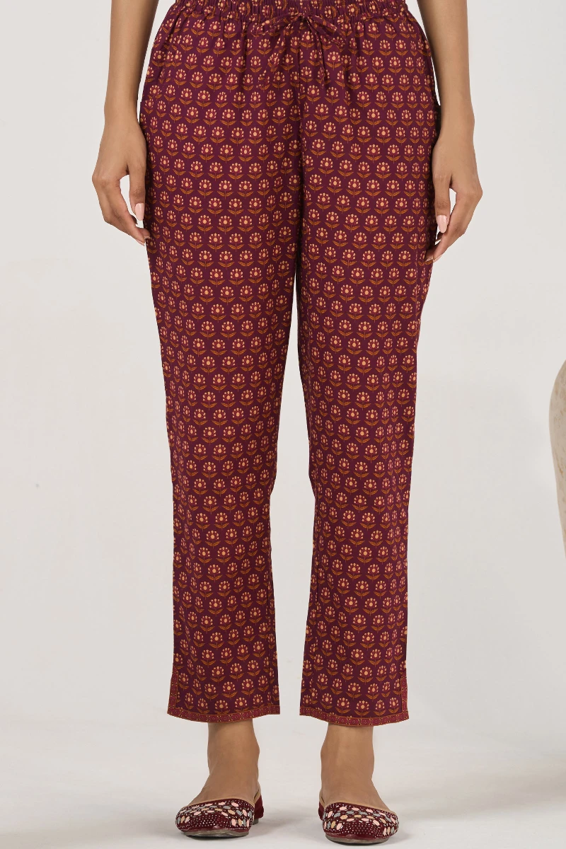 Purple Printed Cotton Narrow Pants