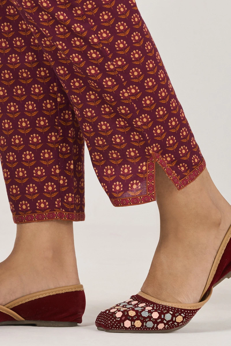 Purple Printed Cotton Narrow Pants