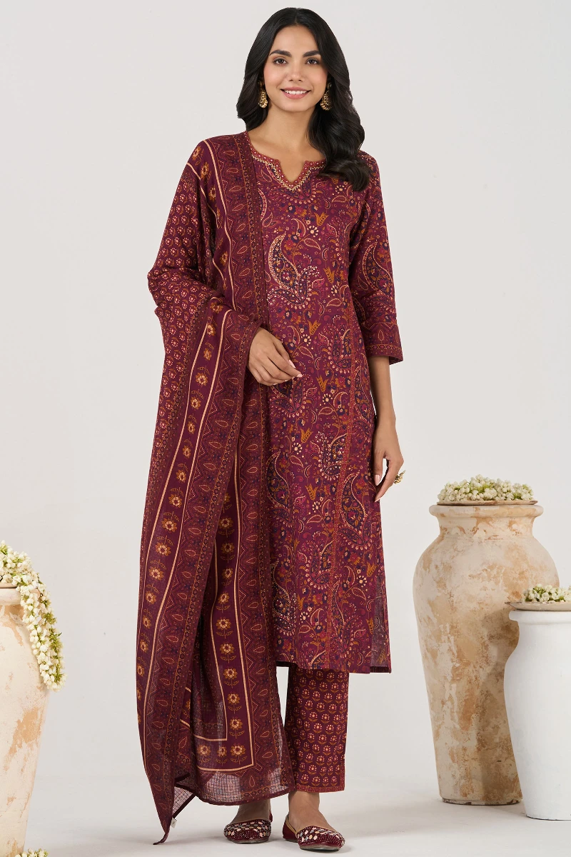 Purple Printed Cotton Narrow Pants
