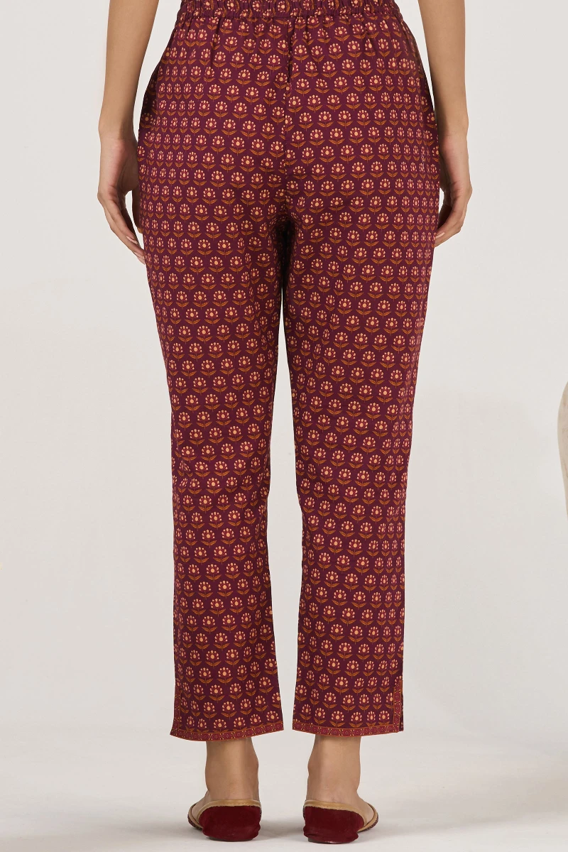 Purple Printed Cotton Narrow Pants