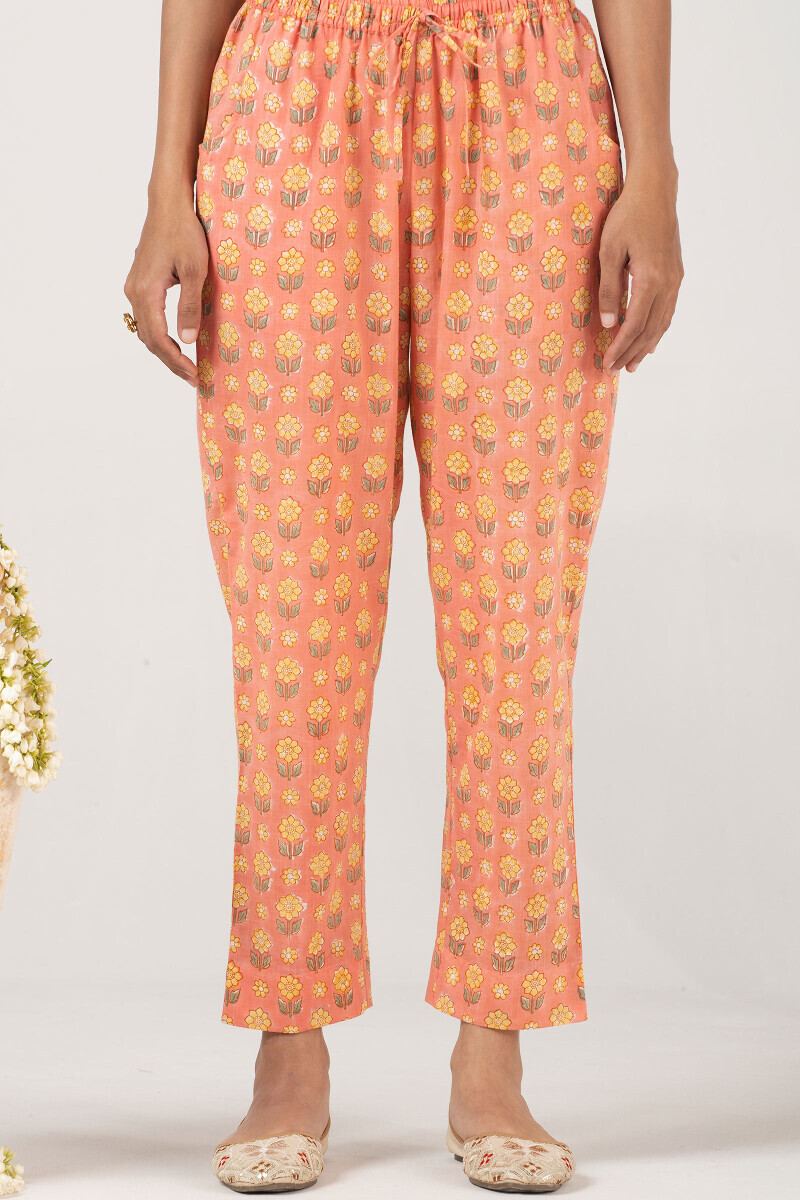 Pink Hand Block Printed Cotton Slub Narrow Pants
