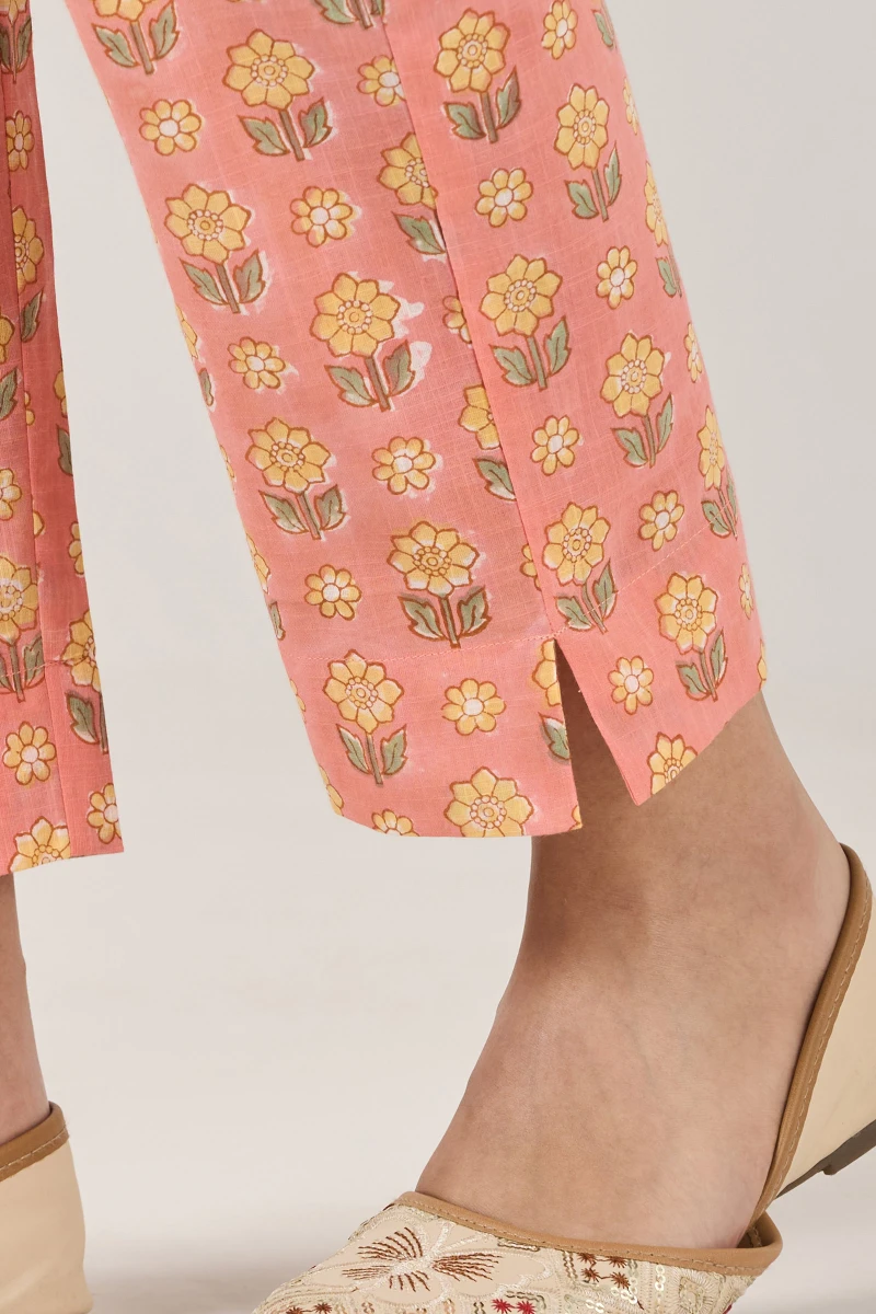 Pink Hand Block Printed Cotton Slub Narrow Pants