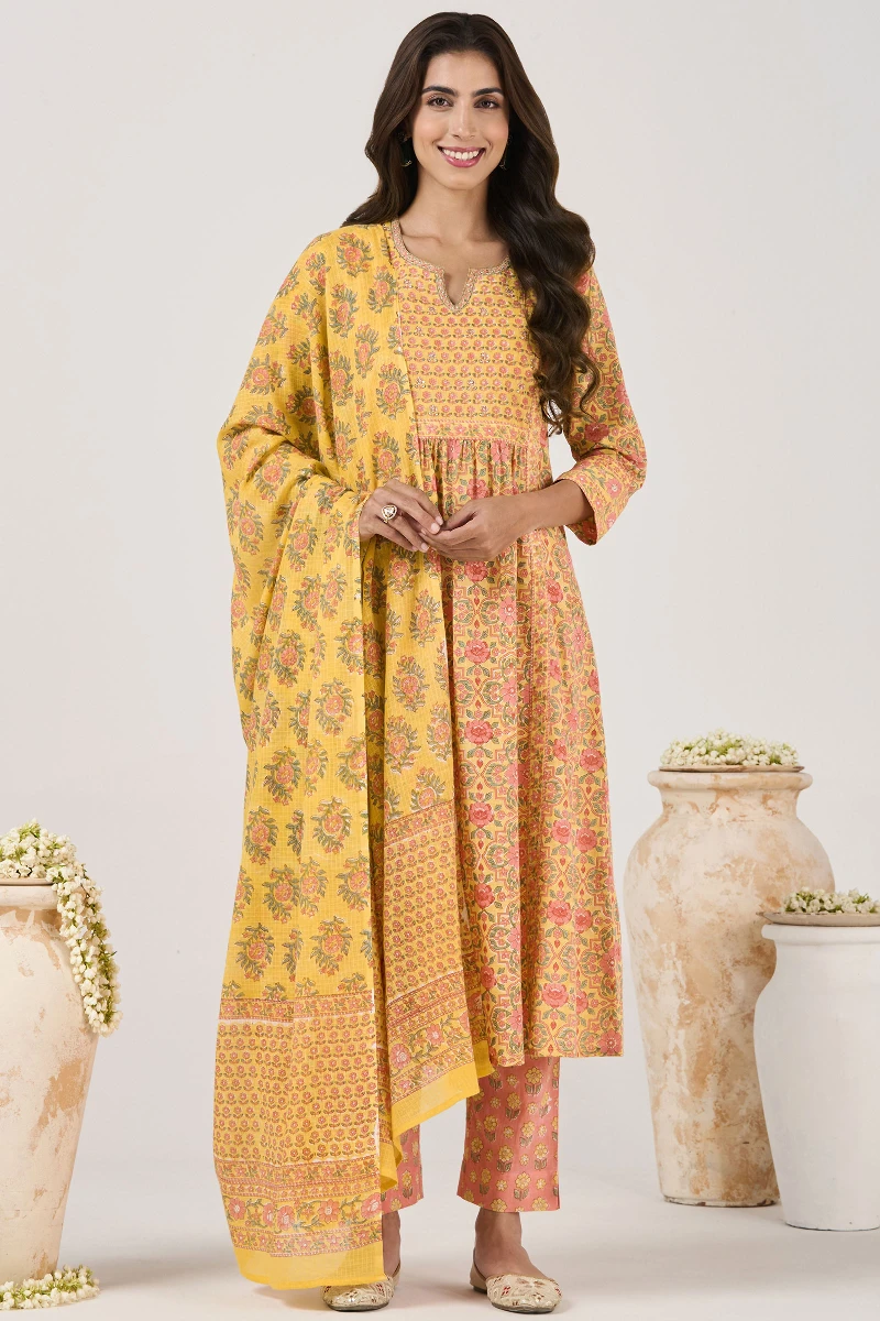 Pink Hand Block Printed Cotton Slub Narrow Pants