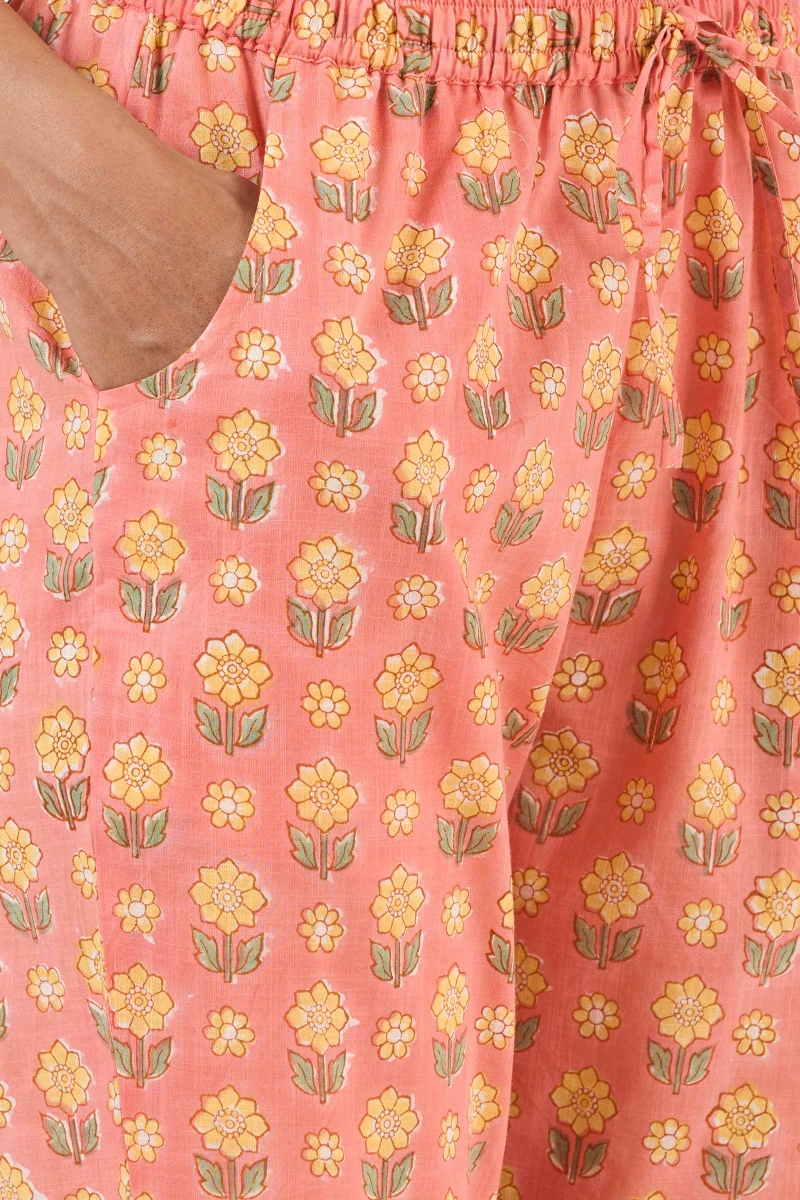 Pink Hand Block Printed Cotton Slub Narrow Pants