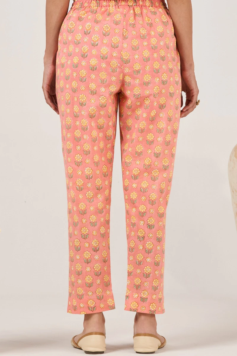 Pink Hand Block Printed Cotton Slub Narrow Pants