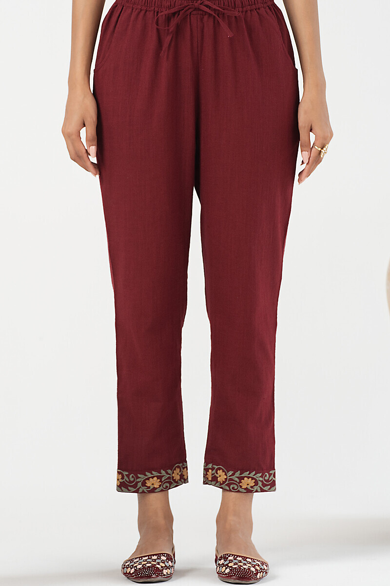 Maroon Handcrafted Gauze Slub Narrow Pants
