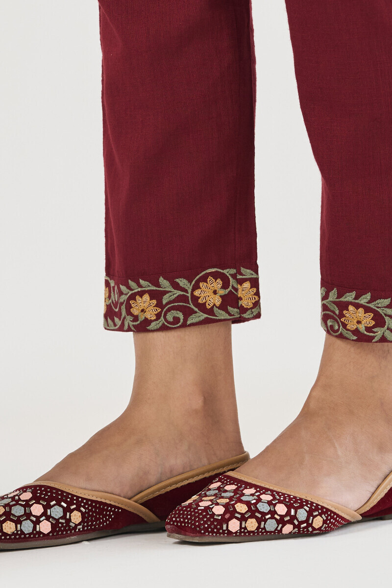 Maroon Handcrafted Gauze Slub Narrow Pants