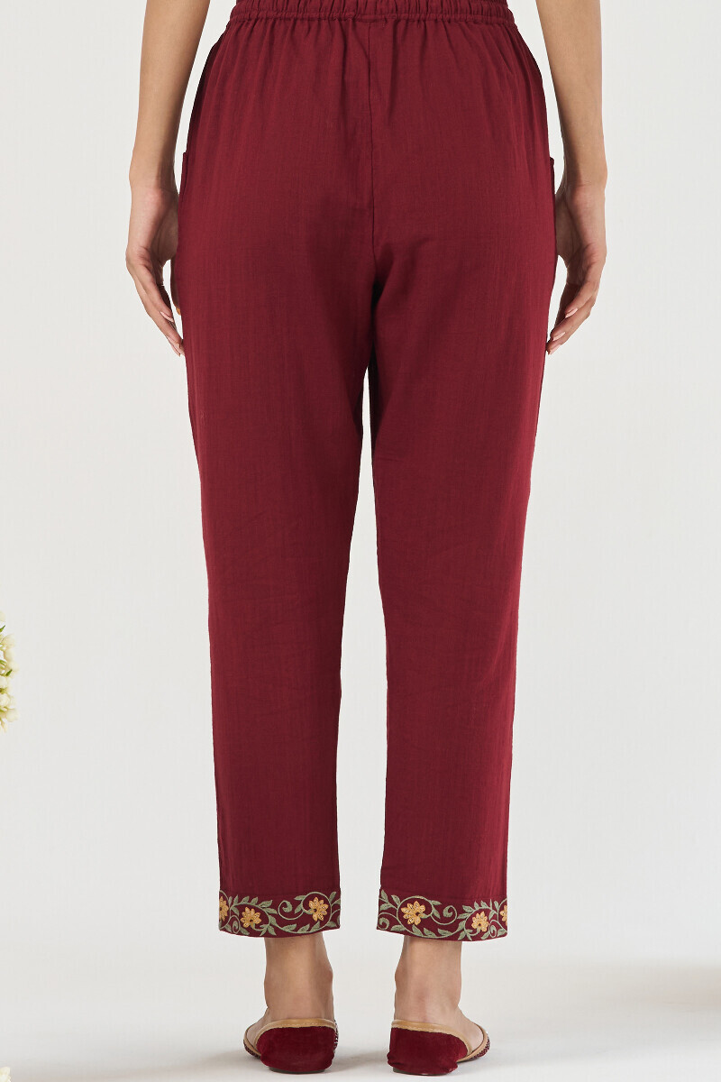 Maroon Handcrafted Gauze Slub Narrow Pants