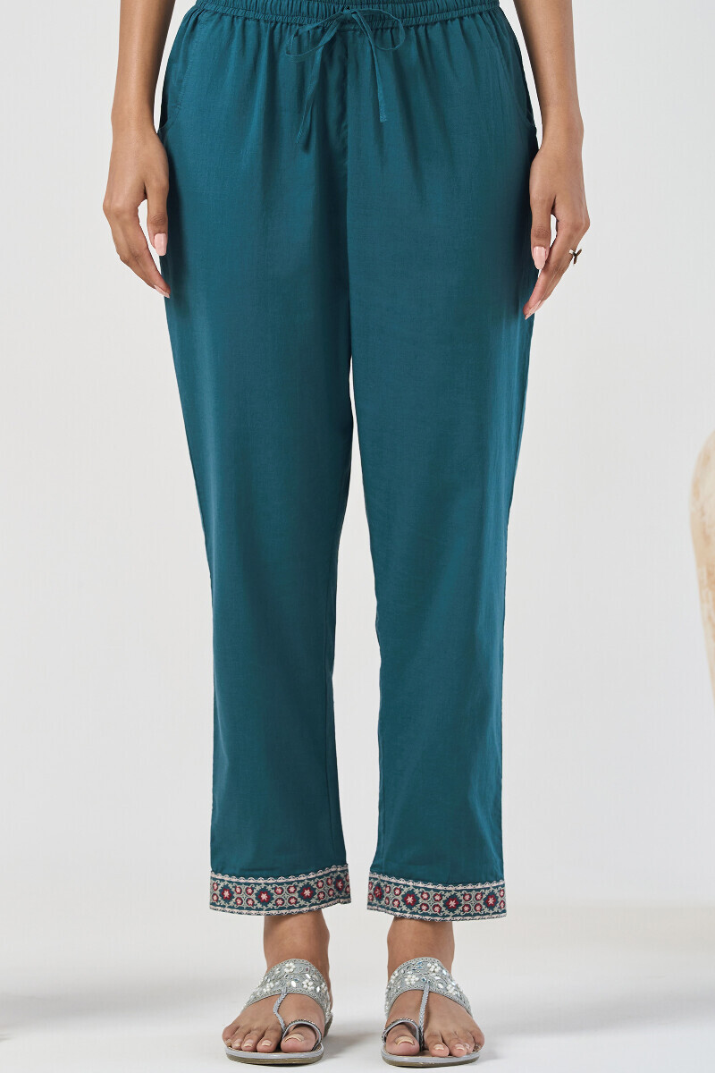 Blue Handcrafted Cotton Narrow Pants