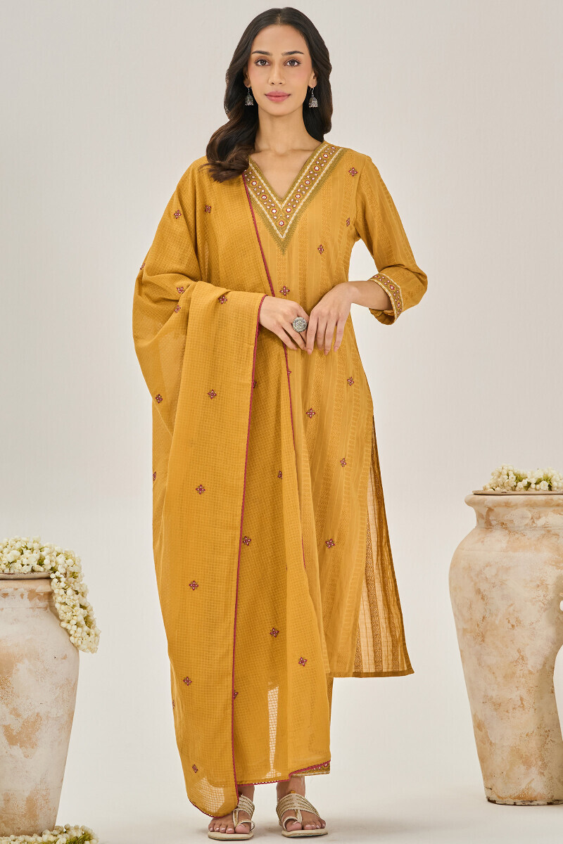 Mustard Handcrafted Cotton Dobby Narrow Pants
