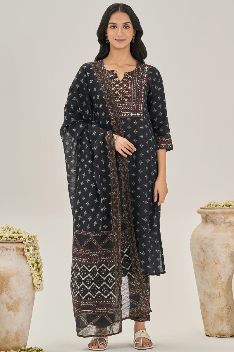 Black Printed Cotton Narrow Pants