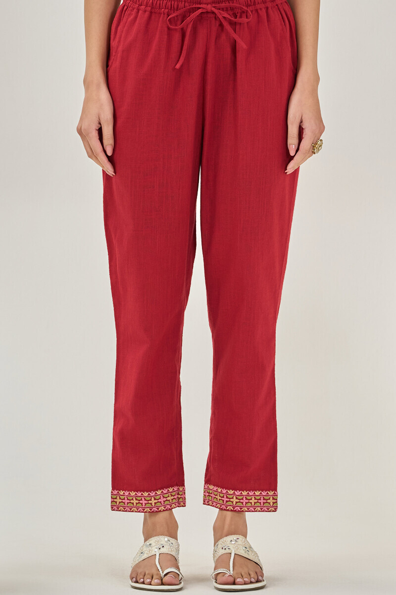 Red Handcrafted Gauze Slub Narrow Pants