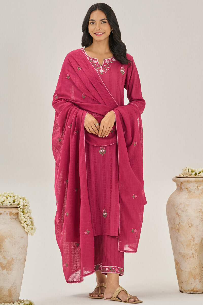 Pink Handcrafted Cotton Dobby Narrow Pants