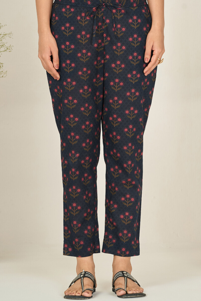 Navy Blue Printed Cotton Narrow Pants