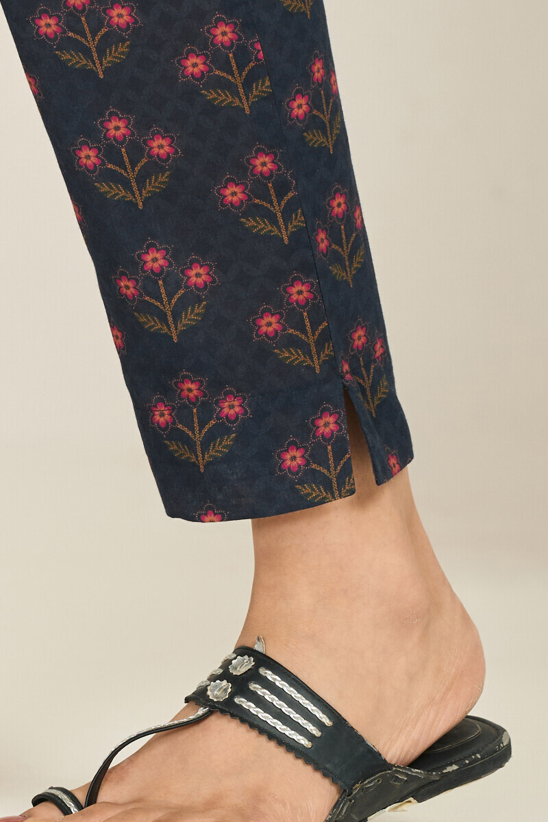 Navy Blue Printed Cotton Narrow Pants