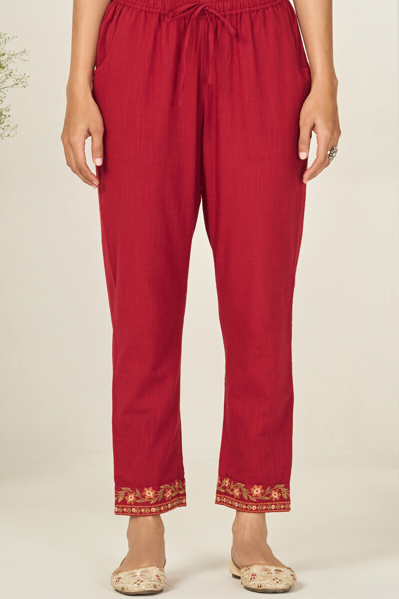 Red Handcrafted Gauze Slub Narrow Pants