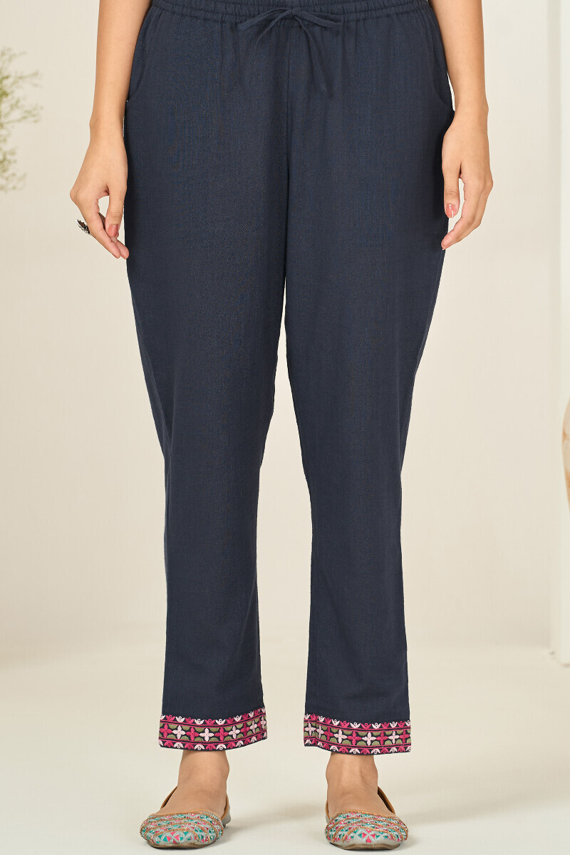 Navy Blue Handcrafted Gauze Slub Narrow Pants