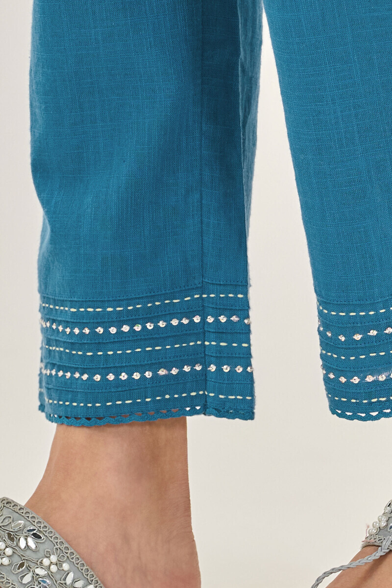 Blue Handcrafted Gauze Slub Narrow Pants
