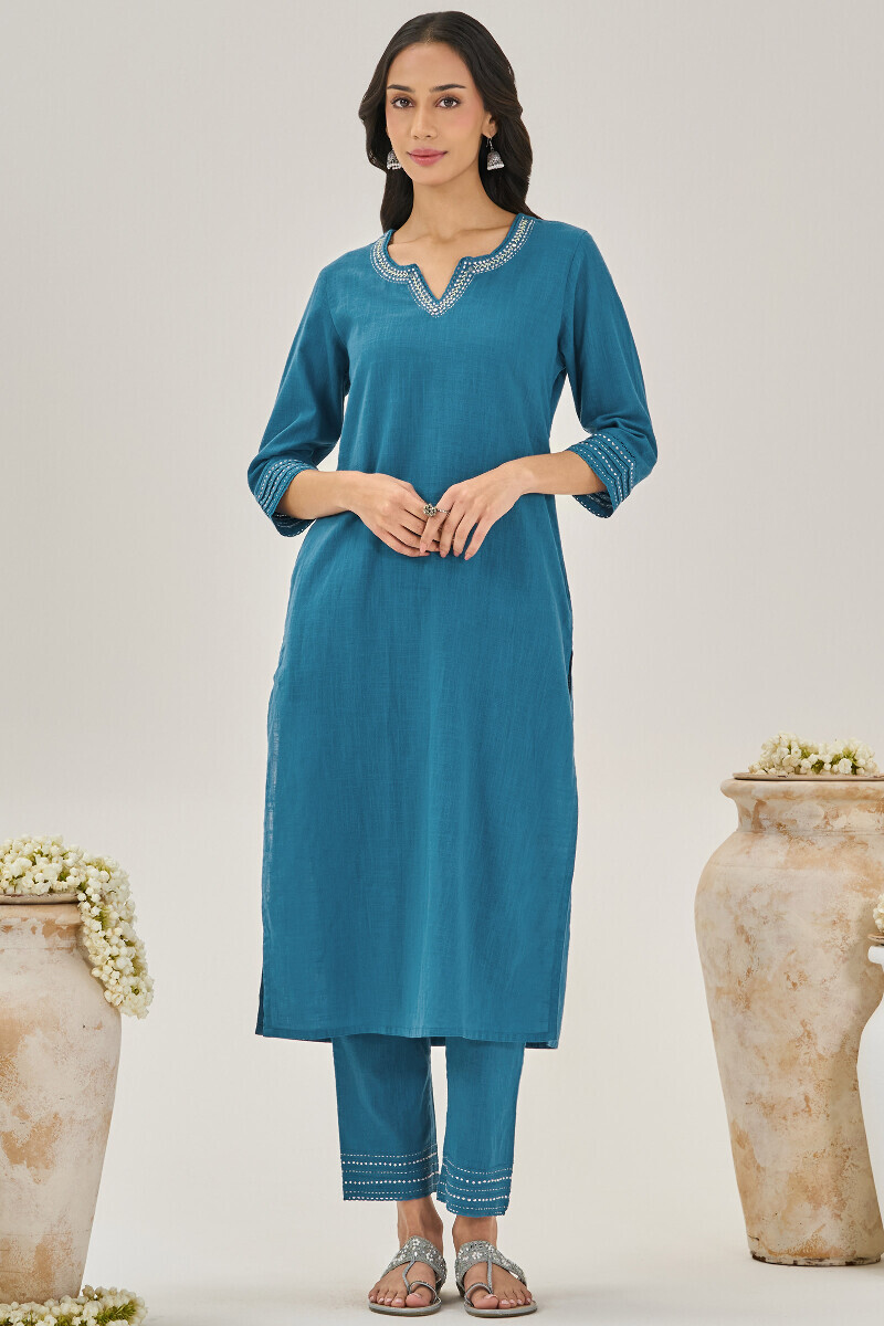 Blue Handcrafted Gauze Slub Narrow Pants