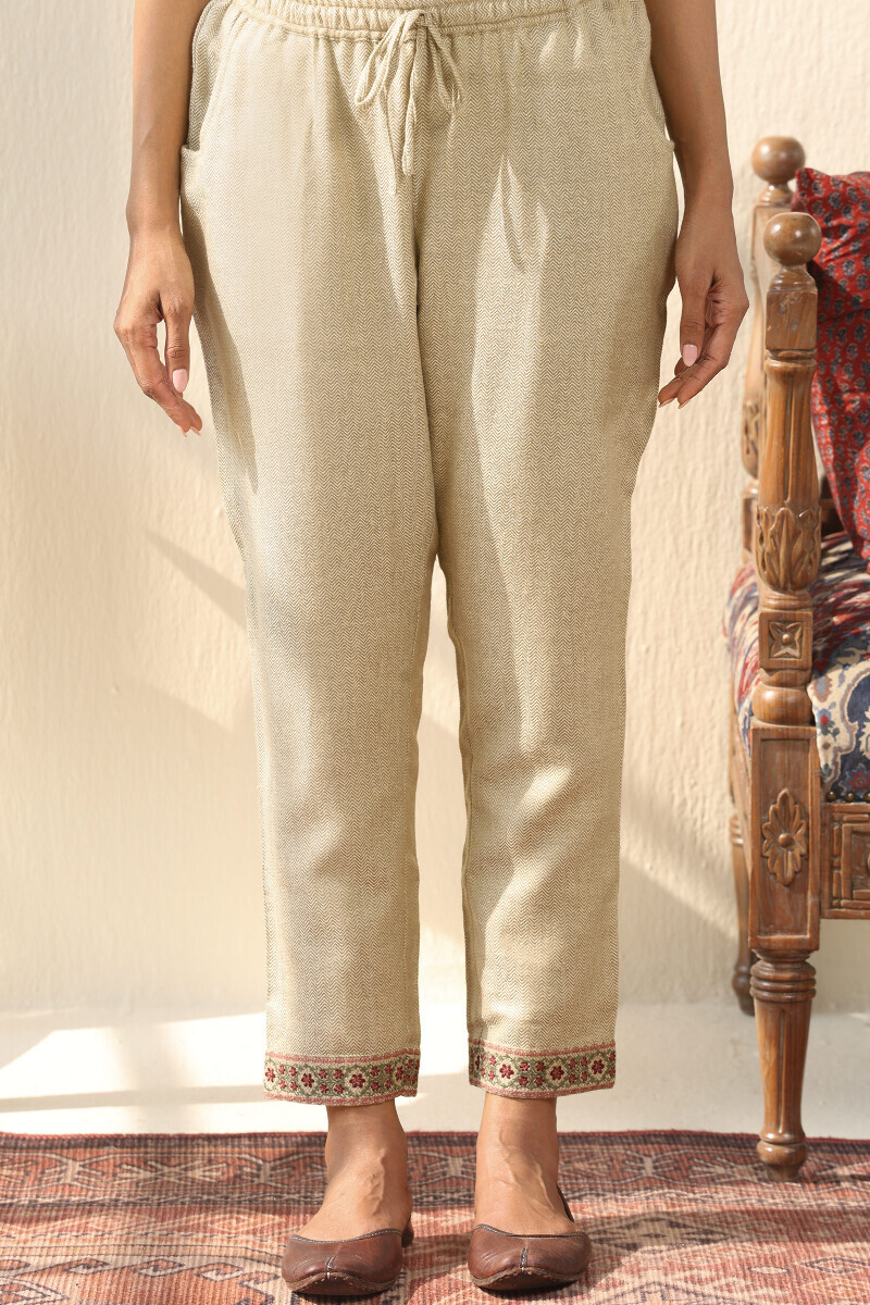 Beige Handcrafted Faux Wool Narrow Pants