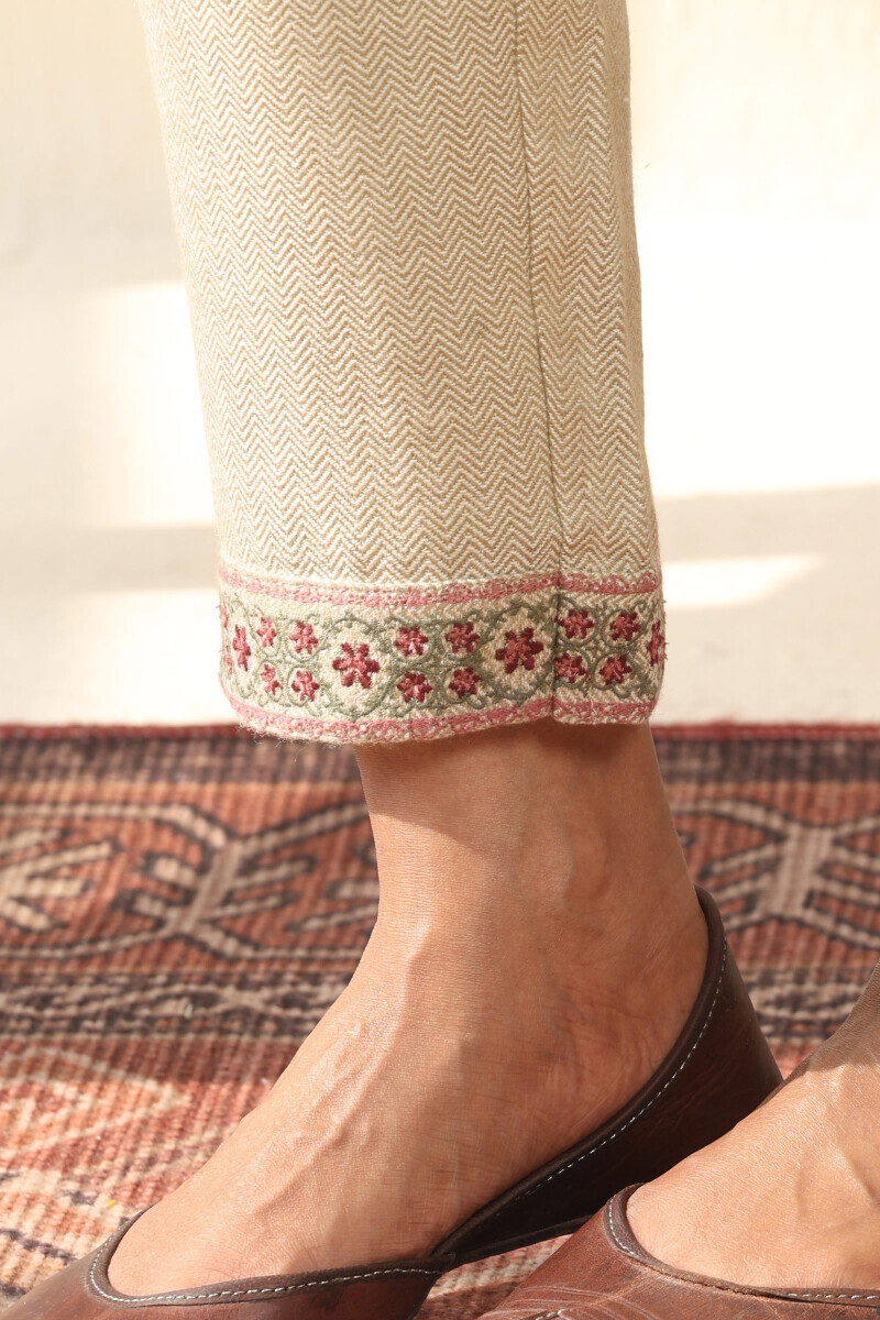 Beige Handcrafted Faux Wool Narrow Pants