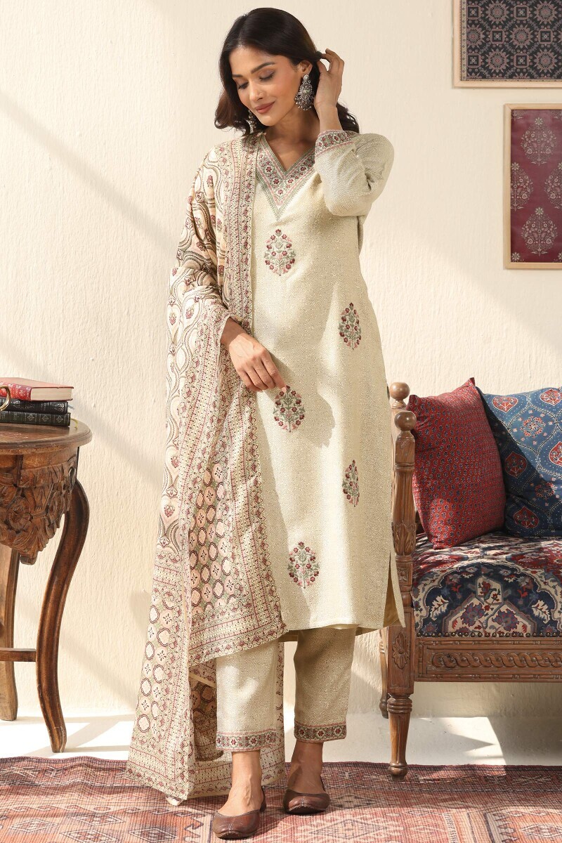 Beige Handcrafted Faux Wool Narrow Pants