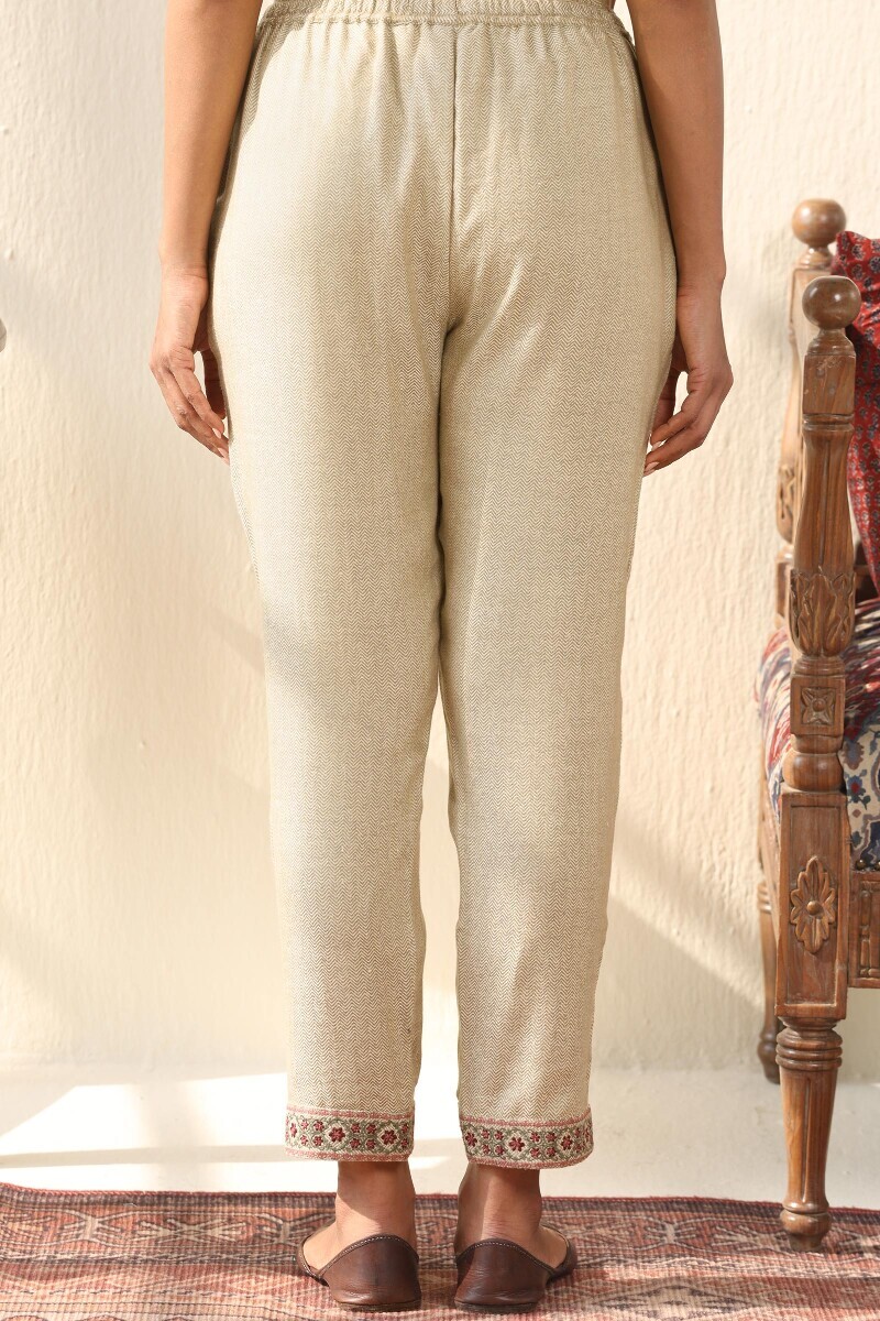 Beige Handcrafted Faux Wool Narrow Pants