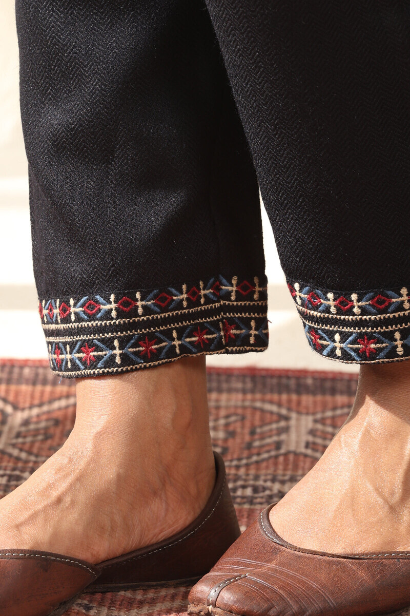 Black Handcrafted Faux Wool Narrow Pants