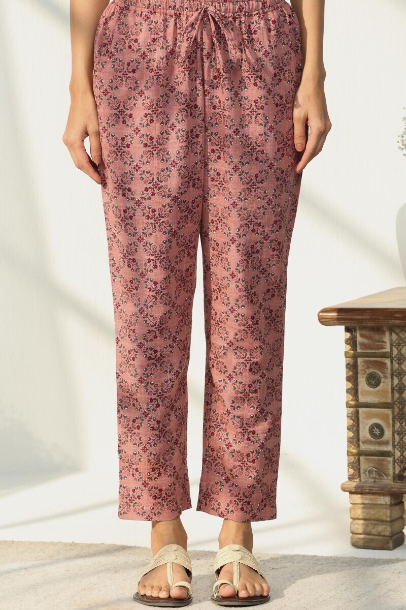Pink Hand Printed Cotton Slub Narrow Pants
