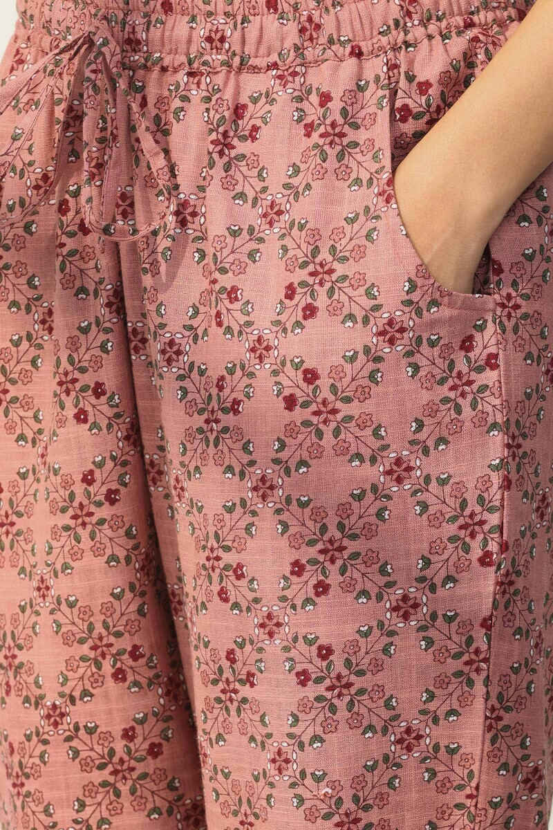Pink Hand Printed Cotton Slub Narrow Pants