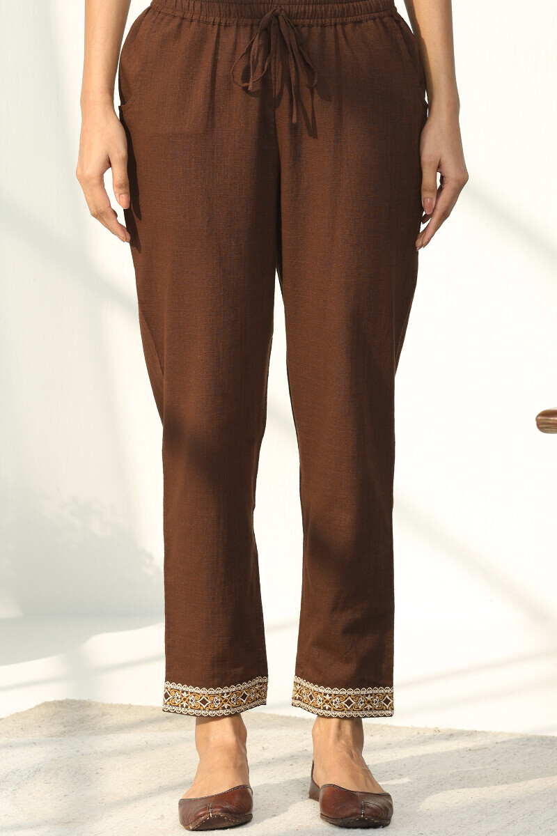 Brown Handcrafted Gauze Slub Narrow Pants