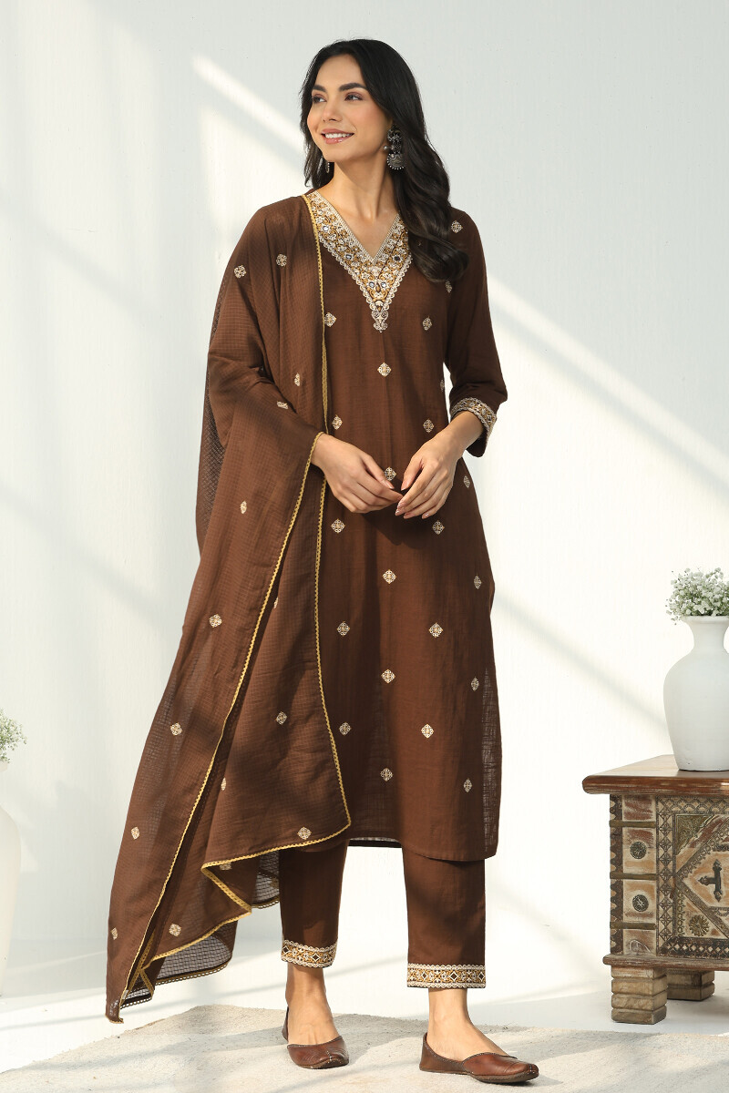 Brown Handcrafted Gauze Slub Narrow Pants